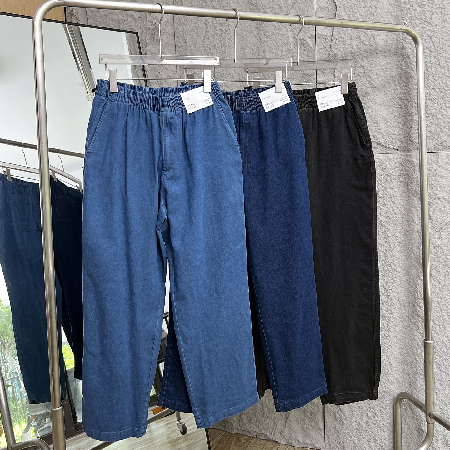 华华U家秋季新品！男女同款纯棉松紧腰九分裤休闲宽松直筒牛仔裤