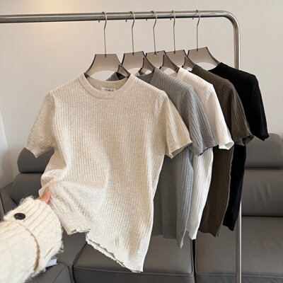 日系老钱风圆领针织短袖男 春夏新款薄款简约百搭透气休闲宽松T恤