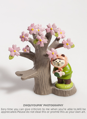 小猫樱花树摆件可爱治愈系办公室工位桌面装饰品车载中控台小摆设