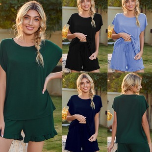 casual suit shorts round pajamas wave neck wear 2025 home