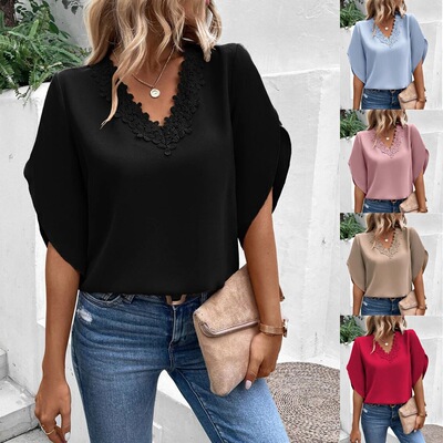 Solid color lace V-neck flared sleeve loose shirt women top