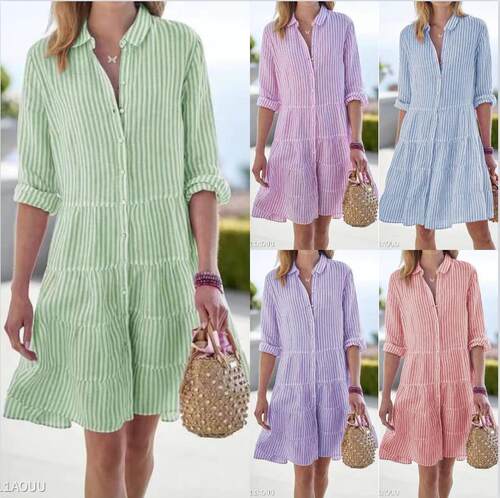 Women's long sleeved women's striped shirt dress 条纹连衣裙