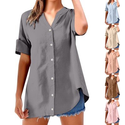 Women's Casual Stand Collar Button-Up Short Sleeve Shirts