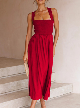 2023 Sexy Backless Solid Cotton Hemp Strap Dress 吊带连衣裙