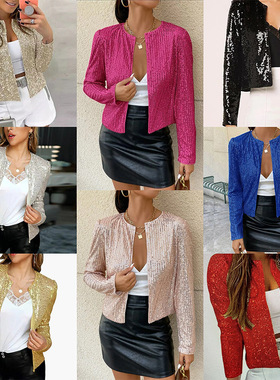 2026 round neck cardigan versatile sequin jacket亮片外套
