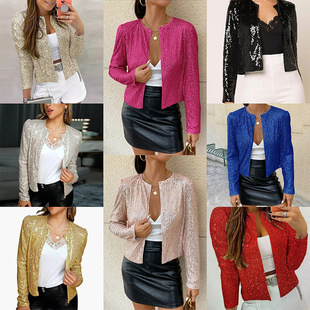 2026 round neck cardigan versatile sequin jacket亮片外套