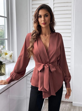 2025 solid color belt hem shirt fashionable  elegant