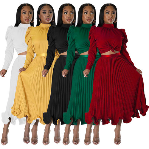 2023 Women's Bubble Sleeve Top Ruffle Skirt  压褶半身裙