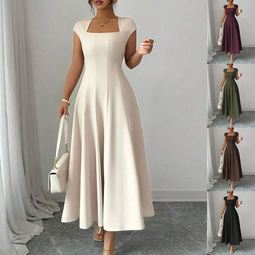 2026 temperament long skirt square neck short sleeved dress