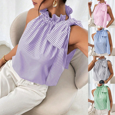 casual sleeveless striped lace high neck knot T-shirt top