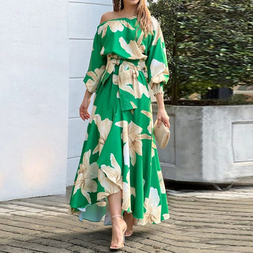 Elegant Commuter Print Lantern Sleeve Dress 连衣裙