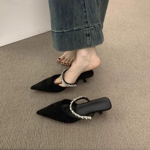 2026 diamond half slipper, women's pointed high-heeled shoes