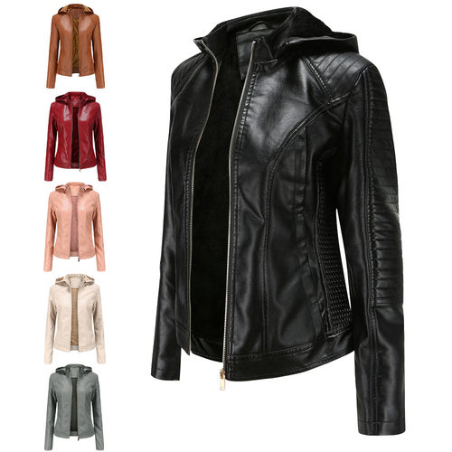 2025 plus velvet women's leather jacket women's hooded 夹克