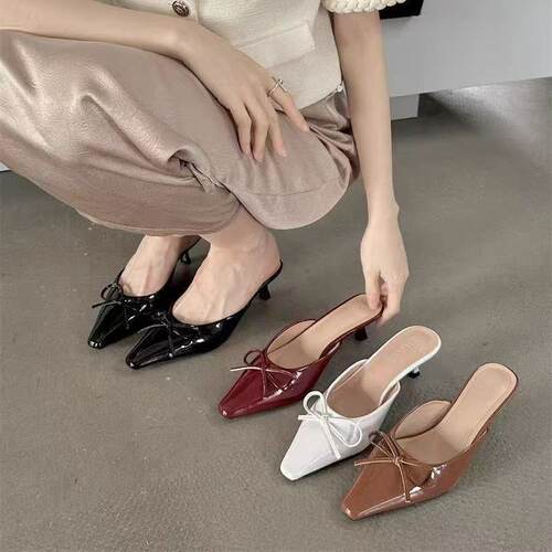 Bow shaped fine heeled shoes, large size wine red slippers