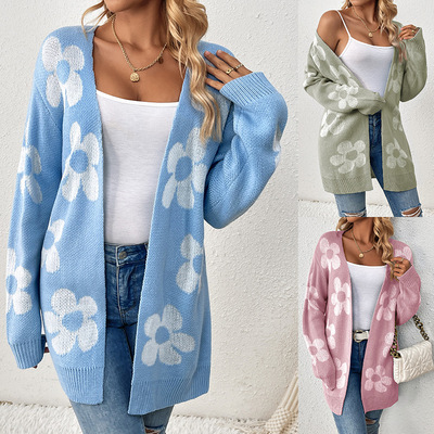 2023 Sweater Loose Contrast Flower Knitted Cardigan 针织开衫