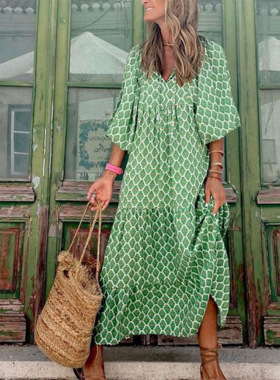 Women's loose Bohemian V-neck printed dress long skirt dress