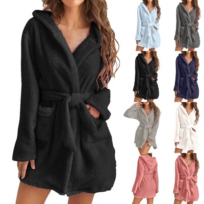 2024 women autumn warm plush lace up cardigan hooded jacket