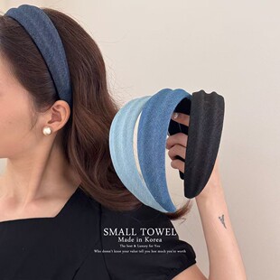 复古牛仔蓝色高颅顶发箍洗脸头箍发卡发饰 韩国东大门进口高级法式