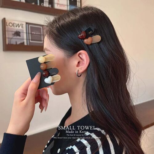 韩国进口高级法式秋冬咖色爱心豆豆侧边夹碎发夹对夹小发卡子头饰