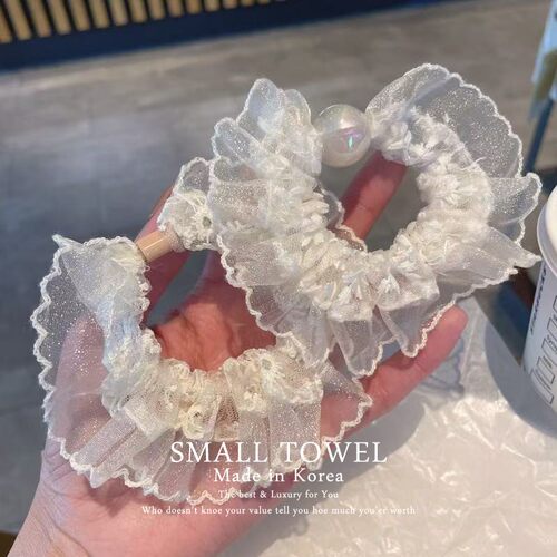 韩国进口法式浪漫白色珍珠木耳花边小香风发圈马尾皮筋丸子头发绳