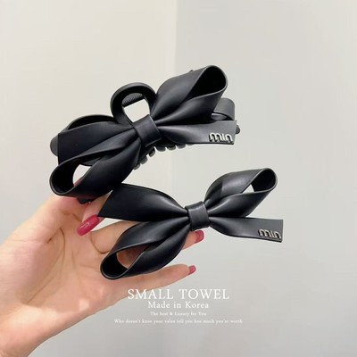 韩国2025新款高级皮质min黑色蝴蝶结抓夹鲨鱼夹侧边夹发卡子发饰