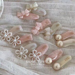 韩国进口高级少女粉色蝴蝶结珍珠花朵侧边夹刘海碎发夹对夹发卡子