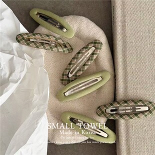 韩国进口春季 小清新绿色格纹椭圆bb夹侧边夹刘海碎发夹发卡子 新款