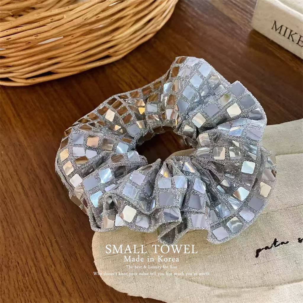 韩国进口nyu超闪复古银色亮片大肠圈马尾发圈皮筋丸子头发绳发饰