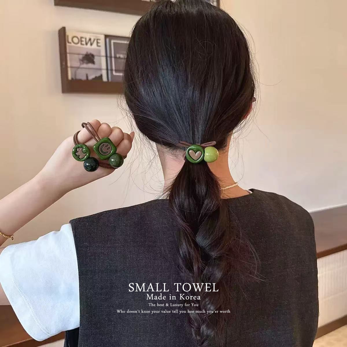 韩国东大门进口复古高级绿色笑脸爱心圆球发圈马尾皮筋丸子头发绳