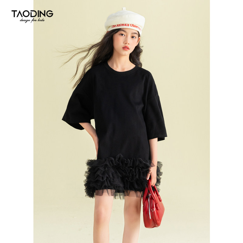 淘町女童连衣裙夏款2025新款中大童休闲蓬蓬纯色纱裙时髦公主裙