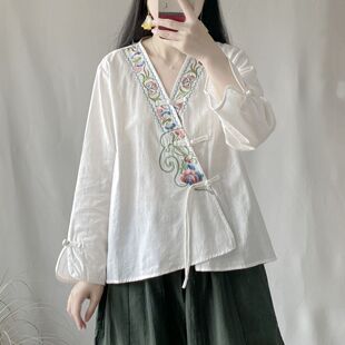 复古盘扣新中式国风棉麻衬衫女春秋款汉服茶服亚麻外套开衫上衣