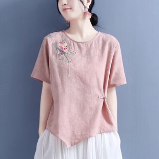 新中式复古文艺刺绣棉麻上衣女夏装新款中国风盘扣茶服短袖T恤女