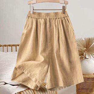 松紧腰显瘦中裤 外贸专柜清仓捡漏折扣亚麻纯色五分裤 高腰棉麻短裤