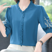 高端刺绣中袖 洋气中老年雪纺上衣服 妈妈宽松遮肚子小衫 衬衫 女夏装