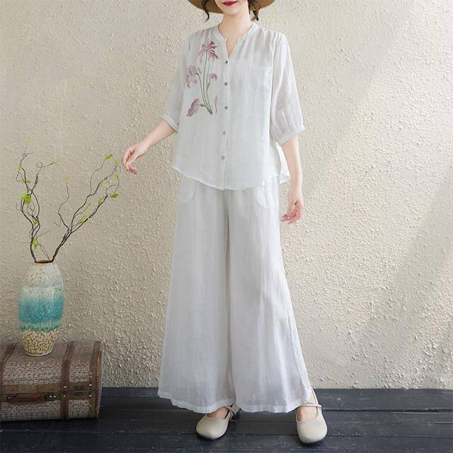 乱格麻文艺淑女复古刺绣套装2026新款夏季上衣阔腿裤两件套女装
