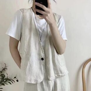 夏天薄款棉麻马甲女士文艺纯色简约百搭无袖坎肩宽松亚麻开衫上衣