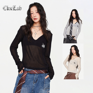 女 街头简约百搭长袖 CBXLAB街舞潮牌显瘦慵懒深V随性辣妹罩衫 美式
