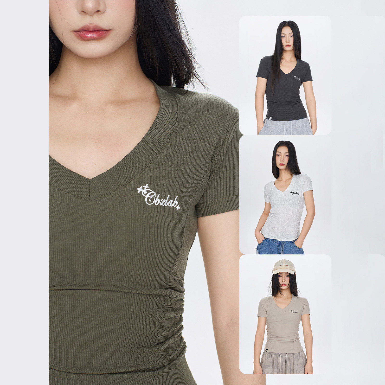 CBXLAB街舞潮牌"纸片人"辣妹修身柔软亲肤短袖V领性感跳舞上衣女