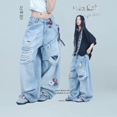 CBXLAB街舞潮牌双层破洞废土风毛边牛仔长裤 重工街头嘻哈休闲裤 潮