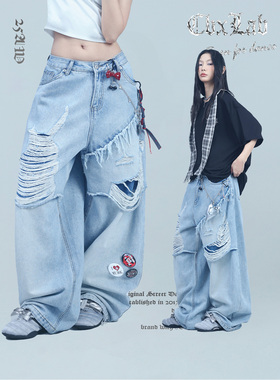 CBXLAB街舞潮牌双层破洞废土风毛边牛仔长裤重工街头嘻哈休闲裤潮