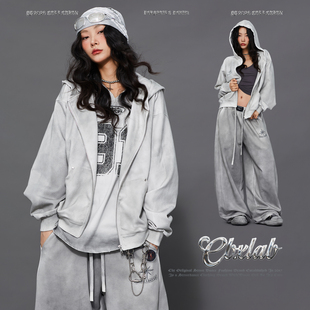 CBXLAB街舞潮牌暗黑脏染水洗套装哥特复古卫衣外套废土嘻哈运动裤