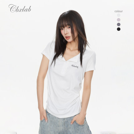 CBXLAB街舞潮牌早春褶皱修身显瘦辣妹短袖翻领性感跳舞亲肤上衣女
