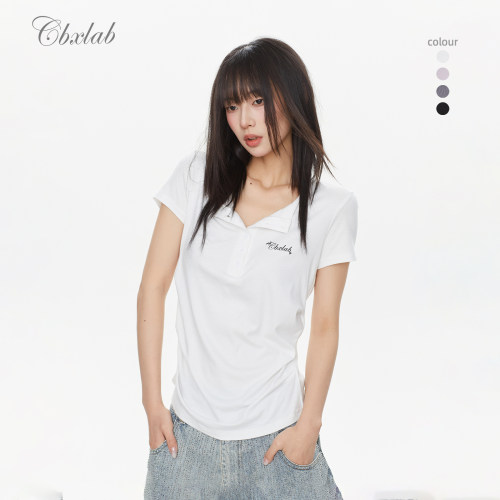 CBXLAB街舞潮牌早春褶皱修身显瘦辣妹短袖翻领性感跳舞亲肤上衣女