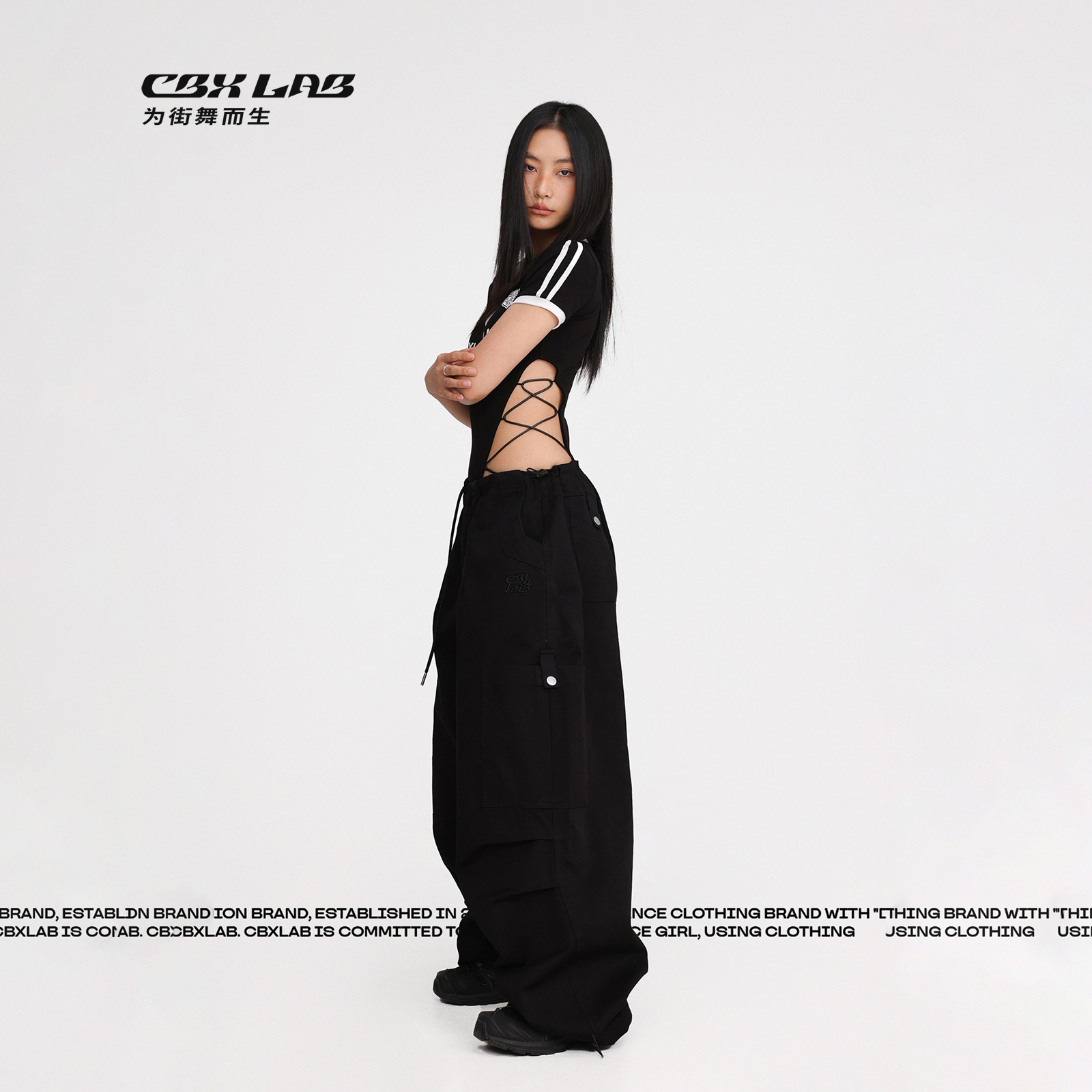 CBXLAB街舞潮牌天丝黑色伞兵裤