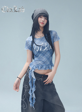 CBXLAB街舞潮牌千禧辣妹网纱格纹短袖荷叶边飘带爵士修身夏季上衣