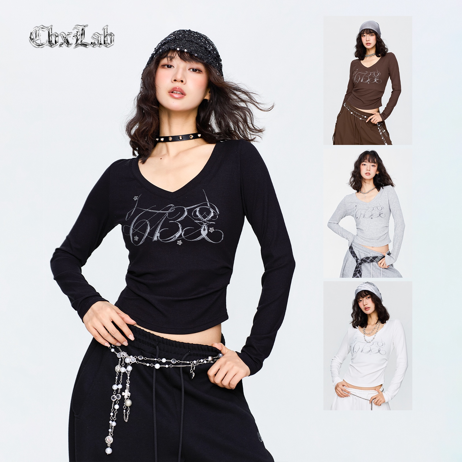 CBXLAB街舞潮牌辣妹V领修身显瘦亲肤长袖闪钻美式街头秋冬长袖女