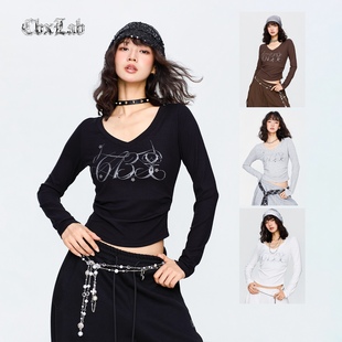 街头秋冬长袖 闪钻美式 女 显瘦亲肤长袖 CBXLAB街舞潮牌辣妹V领修身