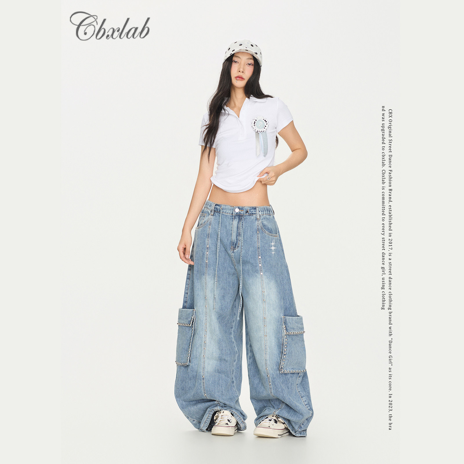 CBXLAB街舞潮牌盐系水洗铆钉工装长裤复古做旧美式慵懒牛仔长裤潮