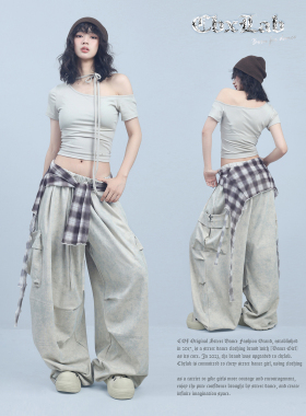 CBXLAB街舞潮牌卡其蜡染复古山本工装长裤美式街头辣妹个性休闲裤