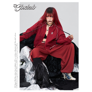 CBXLAB街舞潮牌酒红美式高街套装速干哥特棒球服外套爵士运动裤潮